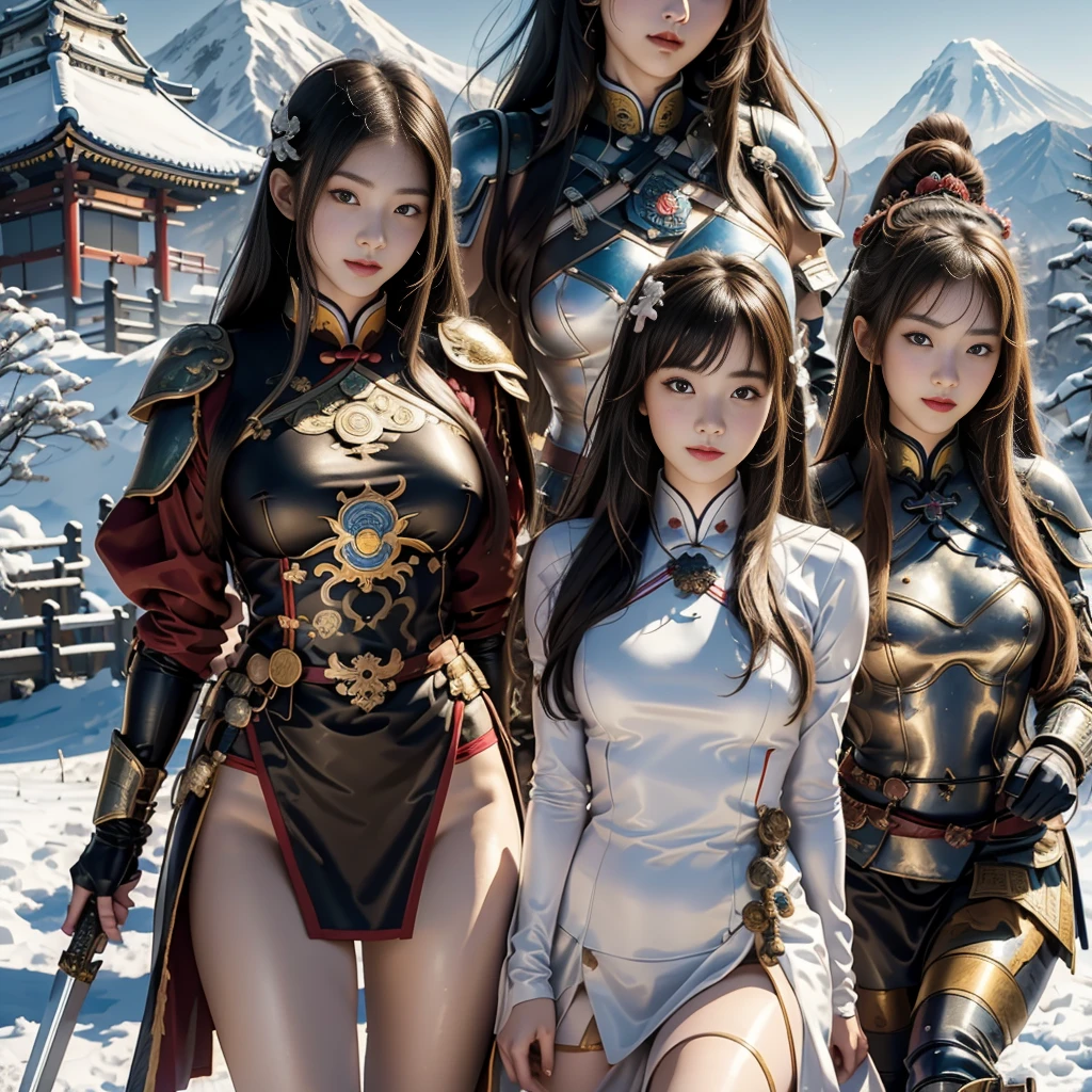 (sketch drawing), (digital painting), four girls in a dynamic position next to each other, attention to their white and shaved legs, (Chinese imperial warrior), (Japanese imperial warrior), (Japanese imperial samuray), (imperial warrior Korean), historical, armor, samurai, in the afternoon, snowy mountain behind him. RAW