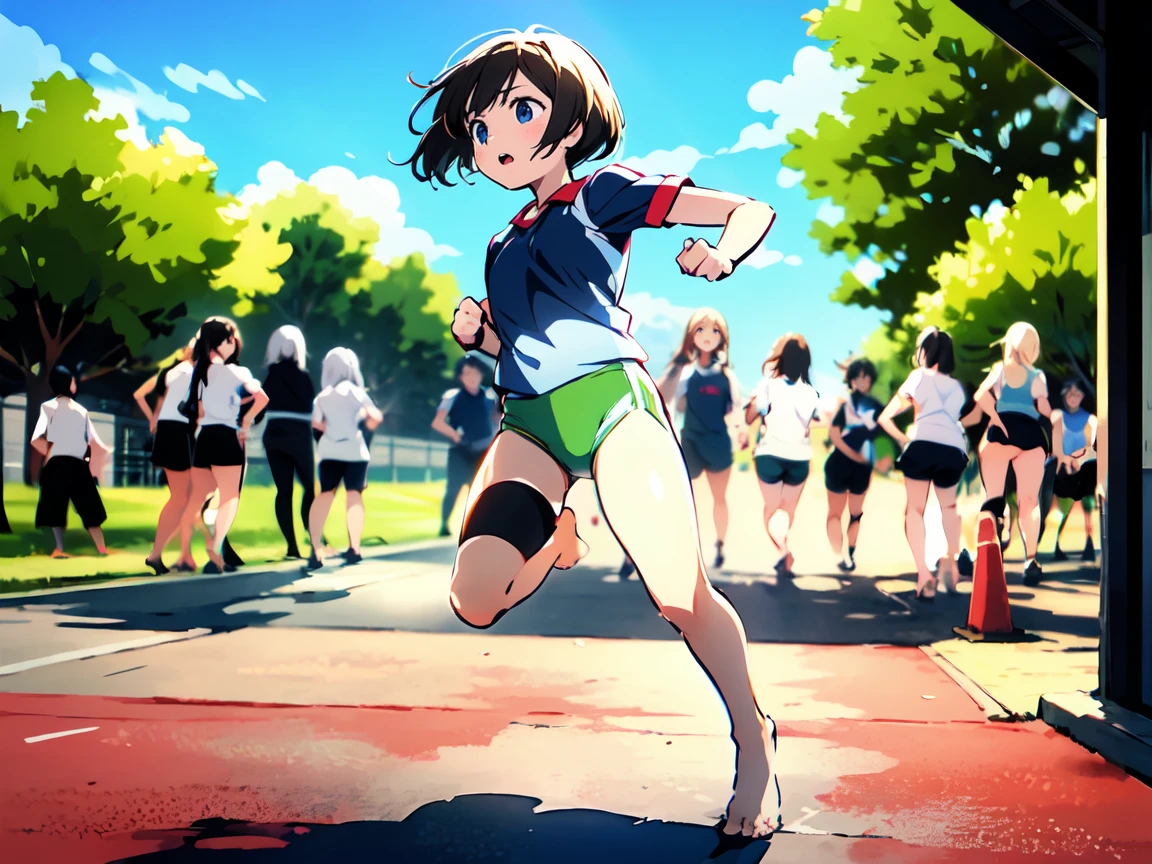 Highest quality,1990s anime style illustration,barefoot,Multiple Girls,Girls in gym clothes、Stand in line、Running in the schoolyard,All the girls are barefoot,The girls were sweating、I&#39;ll run for my life,White T-shirt and blue shorts,Several girls run side by side,Multiple Girlsたちを、Line up in a straight line、Let it run,running,The girls are out of breath、It&#39;s a tired look,