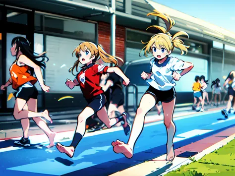 Highest quality,1990s anime style illustration,barefoot,Multiple Girls,Girls in gym clothes、Stand in line、Running in the schooly...