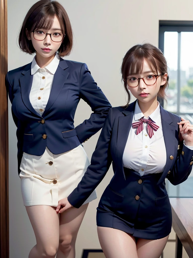 Highest quality、masterpiece、、Very detailed、Realistic、(Two Girls)、(Looking at me with a mischievous smile)、whole body、Small face、Narrow shoulders、(Big Breasts:1.4)、Thin and beautiful legs、Tight and slim waist、 uniform、(Navy blue blazer jacket)、(White shirt with buttons and collar:1.2)、(Navy blue mini skirt:1.1)、(Red bow tie)、Short Hair、(Leaning forward:1.6)、Glasses