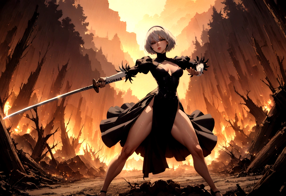 2b,(work of art), ultra detaild, fully body, soft hair, black gown, neckleace, Action, battle pose, standing with legs open, katana, wall-paper, destroyed forest background, SUNSET, smoke in the sky, sparks, serious facial expression, ideal female body, adult, opaque color palette, 真实感, ( realistic styling), perfect hands and arms, corpo sexy, brandishing the sword