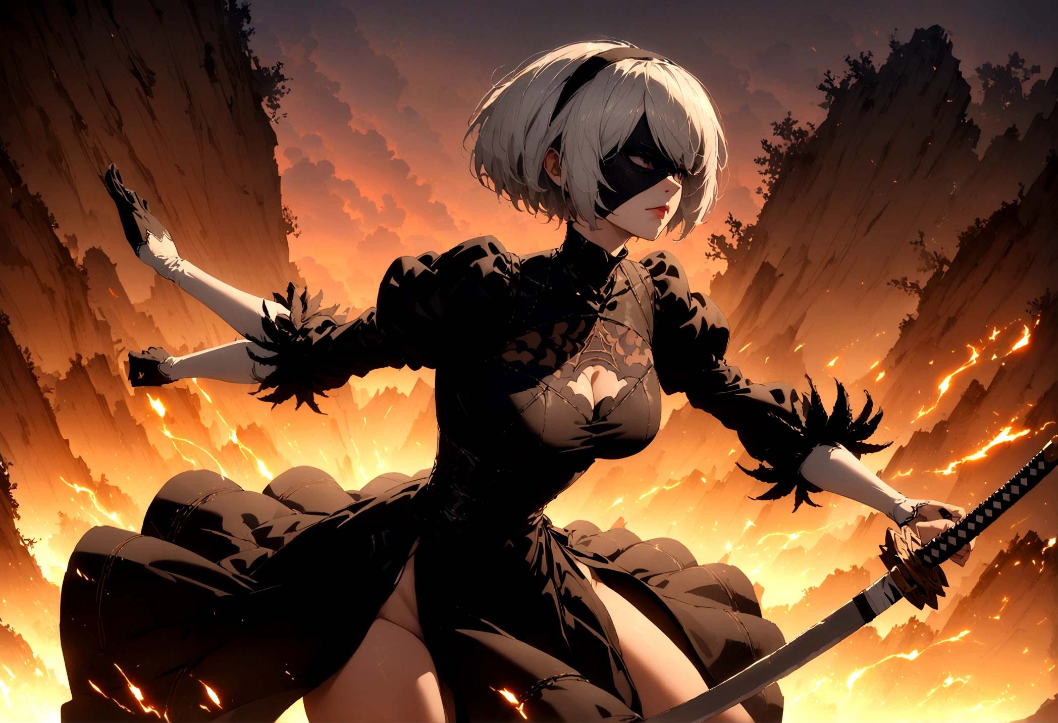 2b,(work of art), ultra detaild, fully body, soft hair, black gown, neckleace, Action, battle pose, standing with legs open, katana, wall-paper, destroyed forest background, SUNSET, smoke in the sky, sparks, serious facial expression, ideal female body, adult, opaque color palette, 真实感, ( realistic styling), perfect hands and arms, holding tightly to your sword