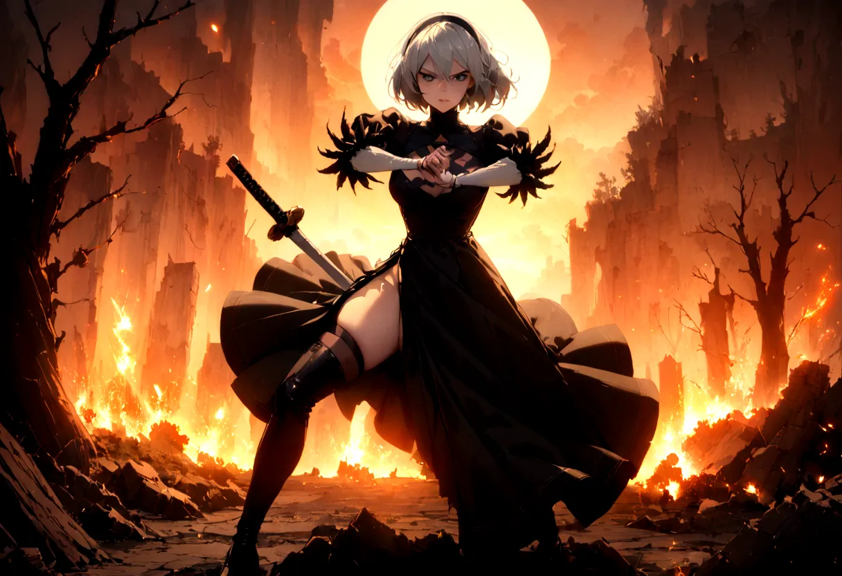 2b,(work of art), ultra detaild, fully body, soft hair, black gown, neckleace, Action, battle pose, standing with legs open, kat...