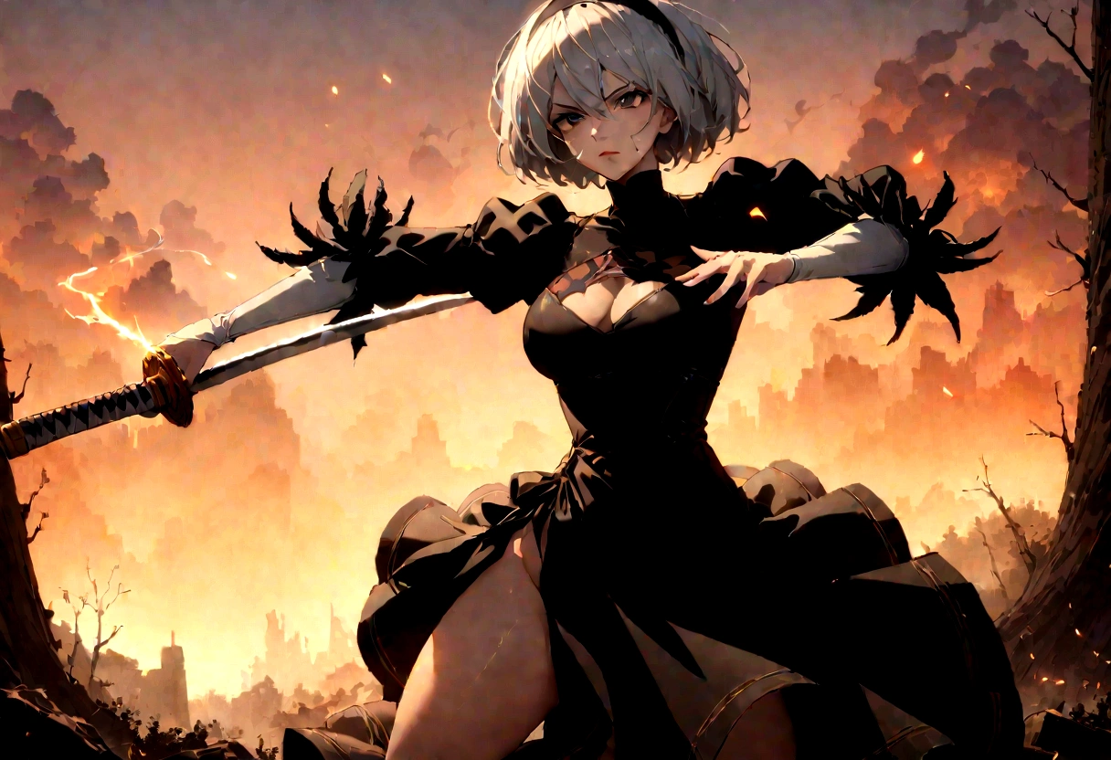 2b,(work of art), ultra detaild, fully body, soft hair, black gown, neckleace, Action, battle pose, standing with legs open, katana, wall-paper, destroyed forest background, SUNSET, smoke in the sky, sparks, serious facial expression, ideal female body, adult, opaque color palette, 真实感, ( realistic styling), perfect hands and arms, holding tightly to your sword