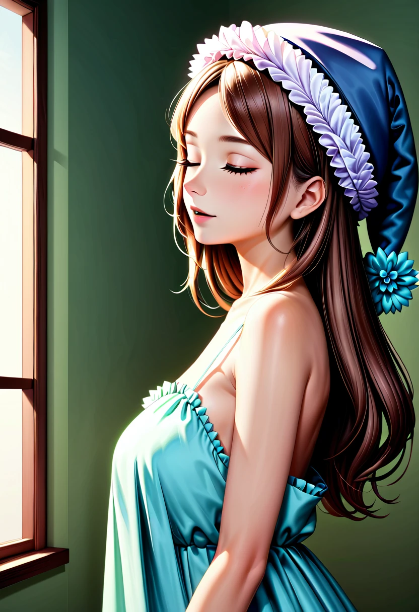 detailed illustration, (front view), (side view),dynamic angle, ultra-detailed, illustration, clean line art, shading, anime, detailed eyes, detailed face, beautiful face, dramatic lighting, detailed illustration, dynamic angle, ultra-detailed, illustration, (single woman: 1.8), masterpiece, masterwork, beautiful, (1 woman:1.8),

Woman, waking up, in a oversized nightgown, long sock hat,