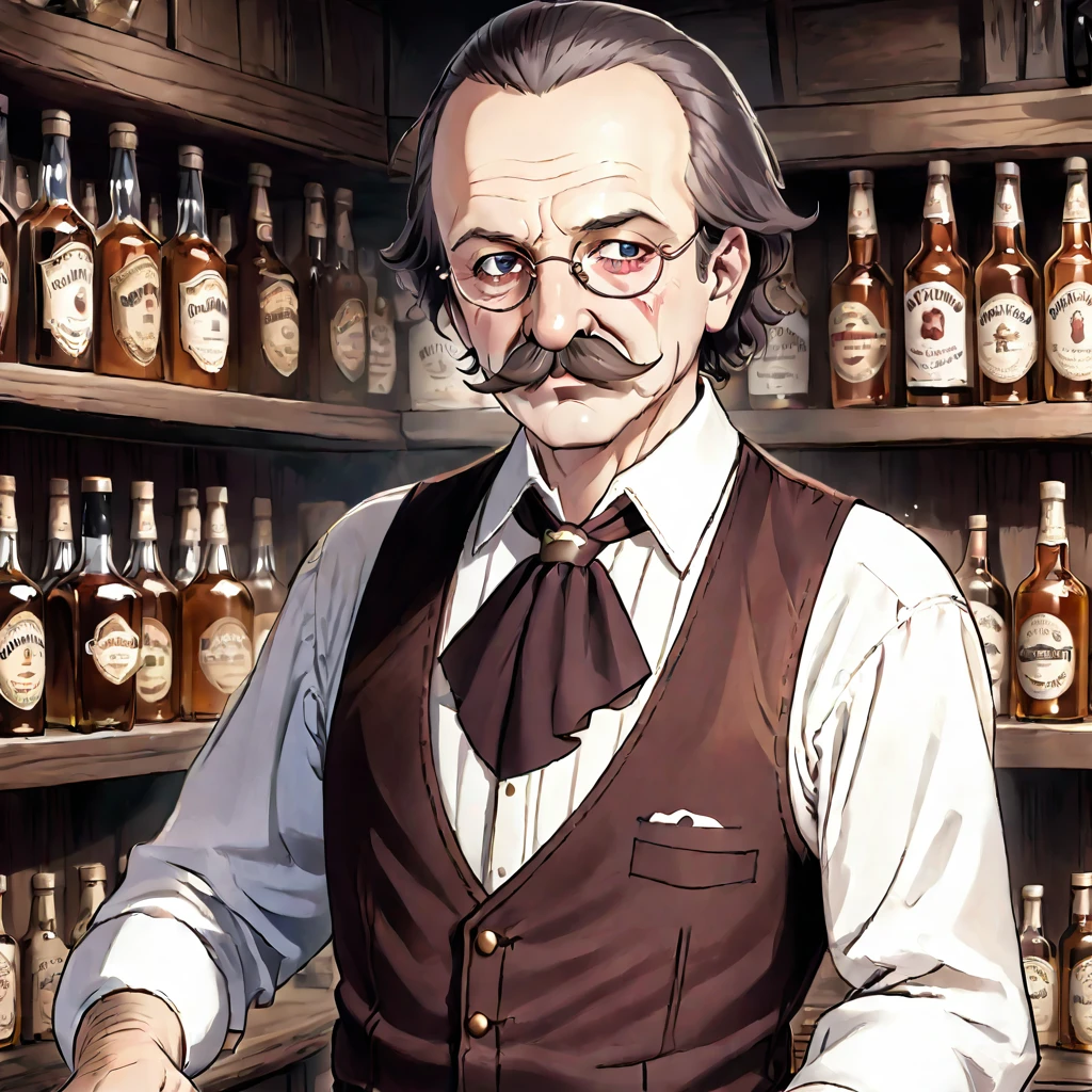 1 Mann,alt West, Bartender, Bier, Whiskey, Spirituosenregal, riesiger Schnurrbart, historische Kleidung, alt, leicht, Dickbäuchig, Rüssel, große Nase, kleine Gläser 