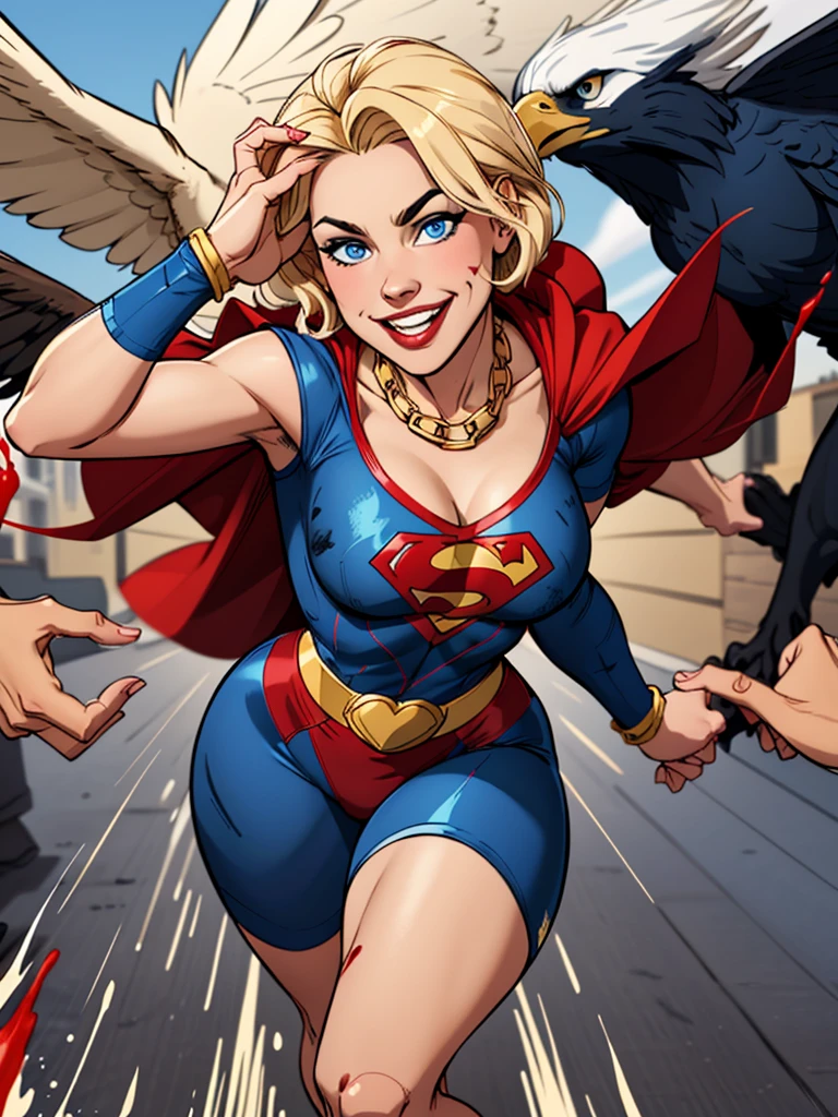 Young female, blonde with short hair, with big, bright blue eyes, wearing a blue costume, defined chest, wearing a golden shoulder pad in the shape of an eagle, with a golden chain running across his chest holding a red cape Smiling with blood splash on face and clothes Bad face, evil smile 