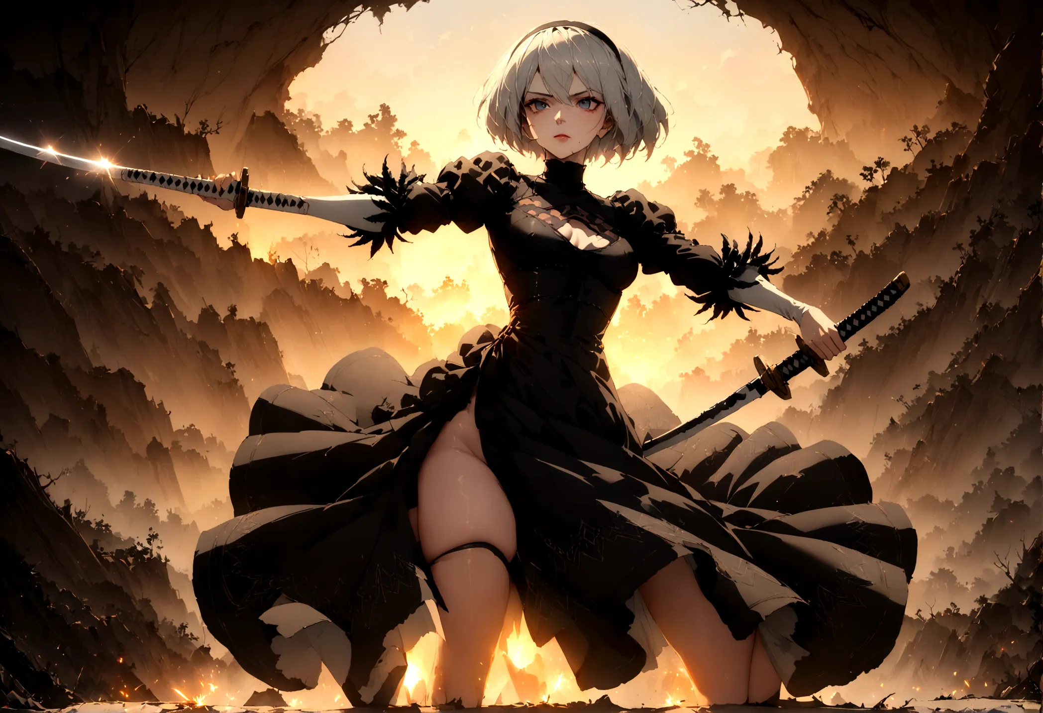 2b,(work of art), ultra detaild, fully body, soft hair, black gown, neckleace, Action, battle pose, standing with legs open, kat...