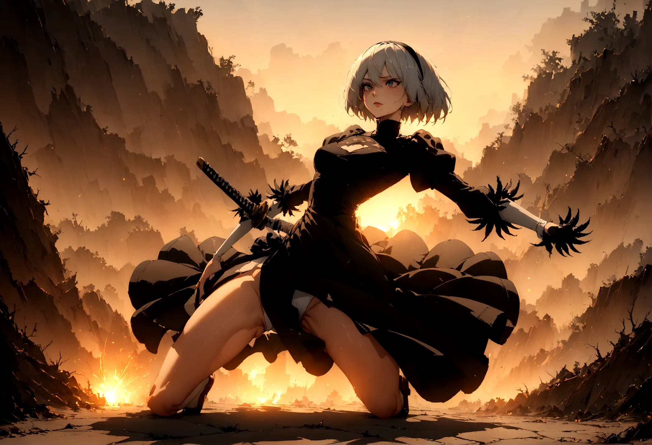 2b,(work of art), ultra detaild, fully body, soft hair, black gown, neckleace, Action, battle pose, standing with legs open, kat...