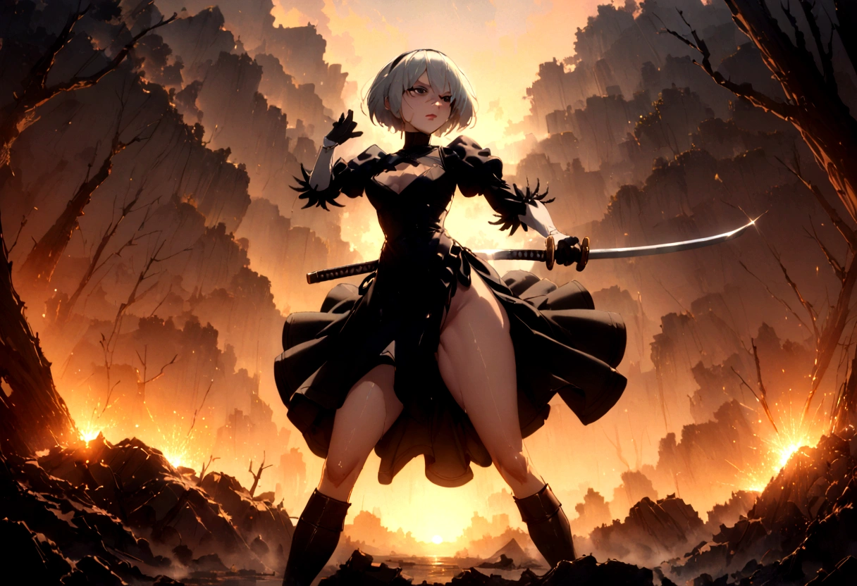 2b,(oeuvre d&#39;art), ultra détaillé, entièrement le corps, cheveux doux, robe noire, collier, Action, pose de combat, Debout avec les jambes ouvertes, katana, fond d&#39;écran, fond de forêt détruite, coucher de soleil, de la fumée dans le ciel, Des étincelles, expression faciale sérieuse, Corps féminin idéal, adulte, palette de couleurs opaques, Le réalisme, ( style réaliste), Mains et bras parfaits, tenant fermement ton épée, en regardant le ciel 