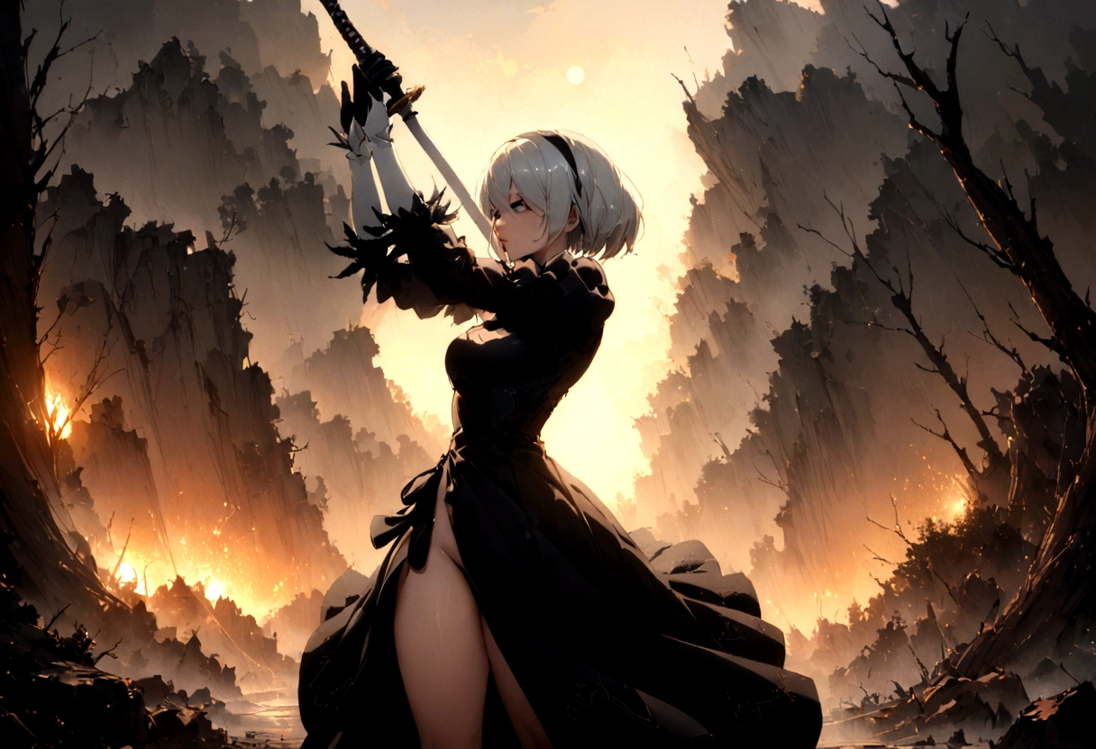 2b,(work of art), ultra detaild, fully body, soft hair, black gown, neckleace, Action, battle pose, standing with legs open, katana, wall-paper, destroyed forest background, SUNSET, smoke in the sky, sparks, serious facial expression, ideal female body, adult, opaque color palette, 真实感, ( realistic styling), perfect hands and arms, holding tightly to your sword, Looking at the sky 