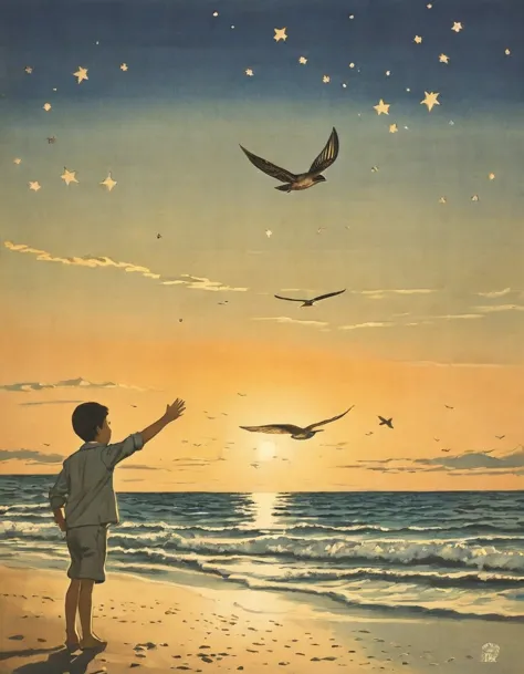 (((1920s japanese poster)))),fantastic and beautiful atmosphere、a fantastic touch、sunset on the sea、sparrow is flying、little sta...