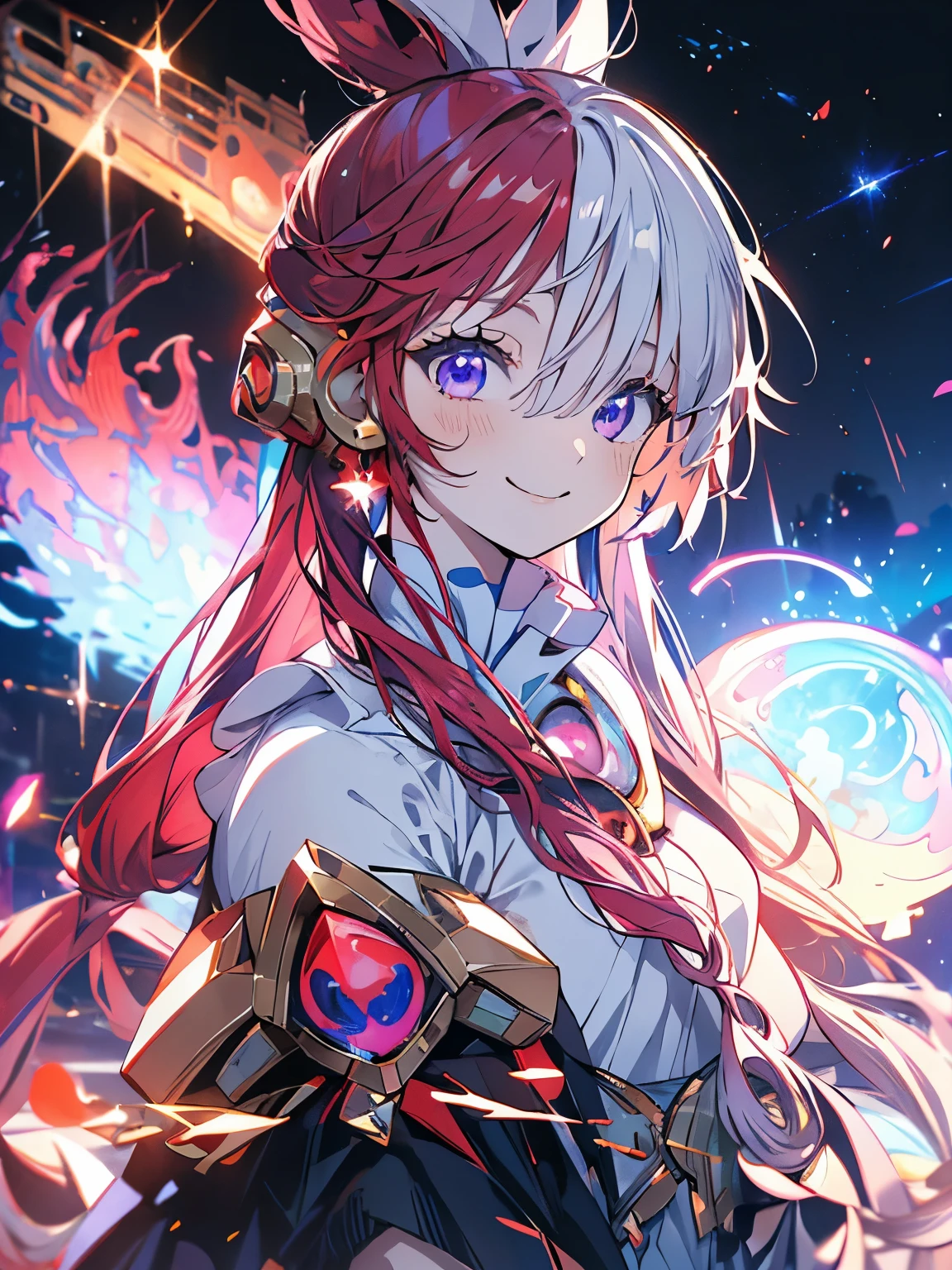 masterpiece、Cute Anime Girl、uta、Red and white hair、Long Hair、Purple eyes、smile、Shining Background、Starry Ski、(((Beautiful Milky Way、nebula)))、Upper Body