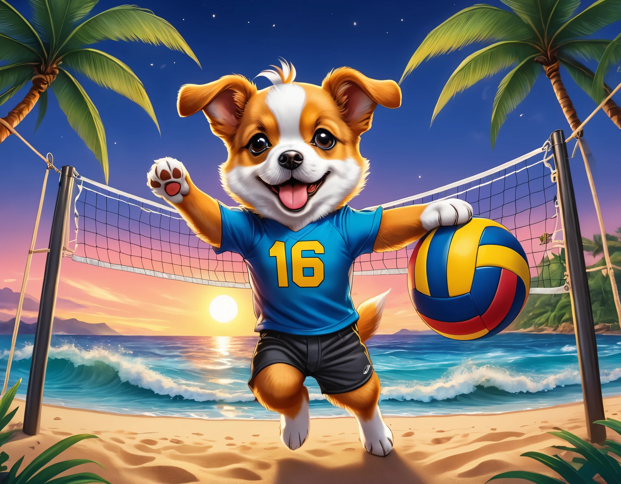 (Close-up of cute fox catches volleyball ball above volleyball net:1.2), (sport T-shirt and trousers:1.2), tropical beach with ((palms and gentle waves)), (beautiful twilight sea:1.2), setting sun, intricate design, bright colors, masterpiece in maximum 16K resolution, best quality, ultra detailed, aesthetics, absurdes.
