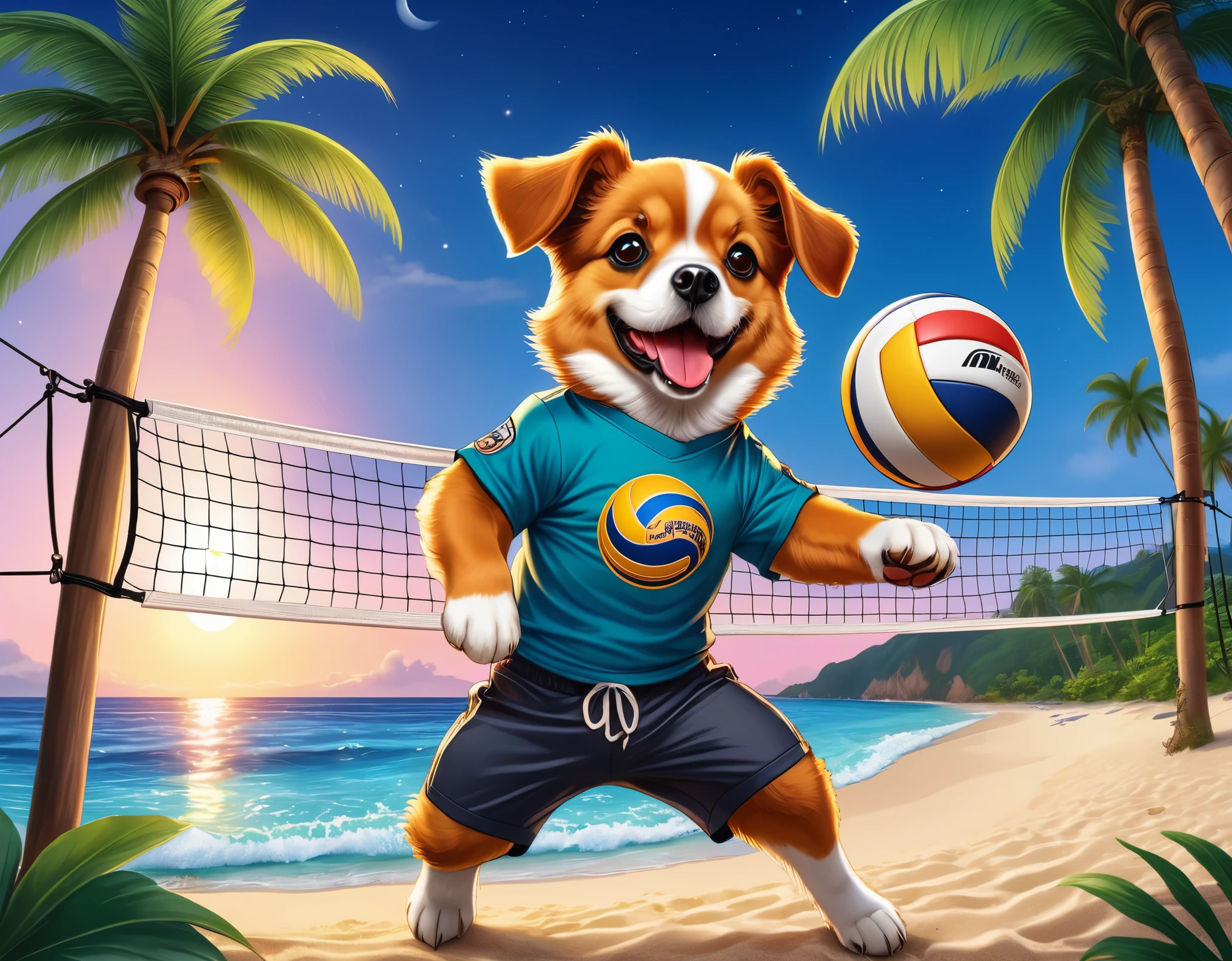 (Close-up of cute fox catches volleyball ball above volleyball net:1.2), (sport T-shirt and trousers:1.2), tropical beach with ((palms and gentle waves)), (beautiful twilight sea:1.2), setting sun, intricate design, bright colors, masterpiece in maximum 16K resolution, best quality, ultra detailed, aesthetics, absurdes.
