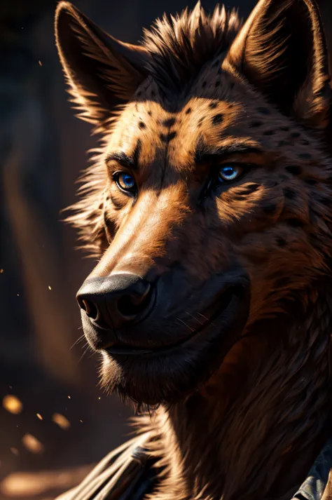 hyena man, closeup bust shot, extremely detailed face, beautiful detailed eyes, beautiful detailed lips, extremely detailed eyes...
