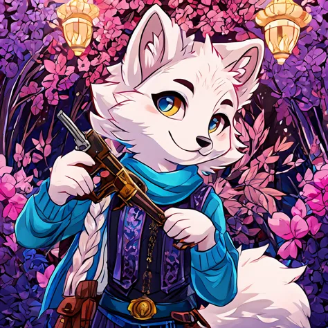 arctic fox holding a 38 revolver, fluffly, mascle