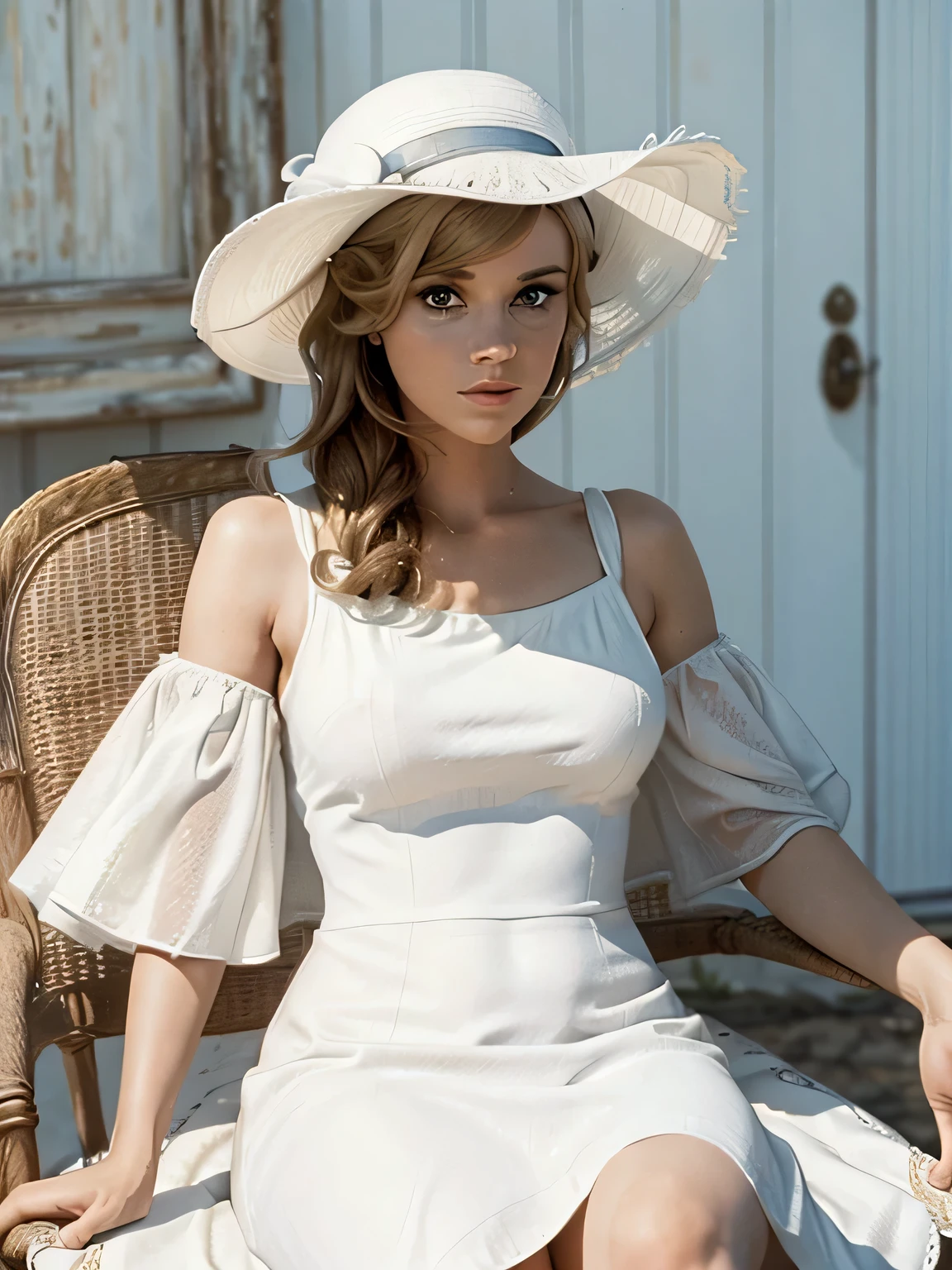 Masterpiece, realistic oil painting, arafed woman in a white dress and hat sitting in a chair, nico wearing a white dress, wearing a white bathing cap, from a movie scene, white suit and hat, wearing wide sunhat, elegant lady, wearing huge straw hat, wearing white cloths, wearing a white sundress, scene from a movie, scene from a 1 9 7 3 film