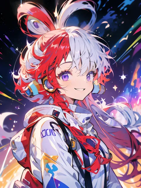 masterpiece、cute anime girl、uta、red and white hair、long hair、purple eyes、smile、shining background、starry ski、(((beautiful milky ...