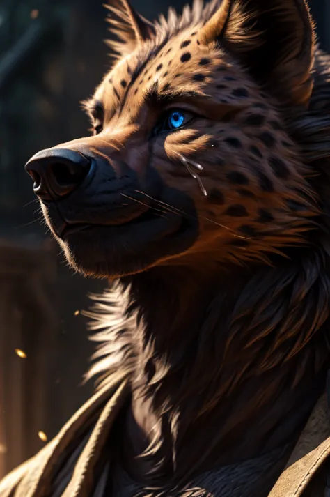 hyena man, closeup bust shot, extremely detailed face, beautiful detailed eyes, beautiful detailed lips, extremely detailed eyes...