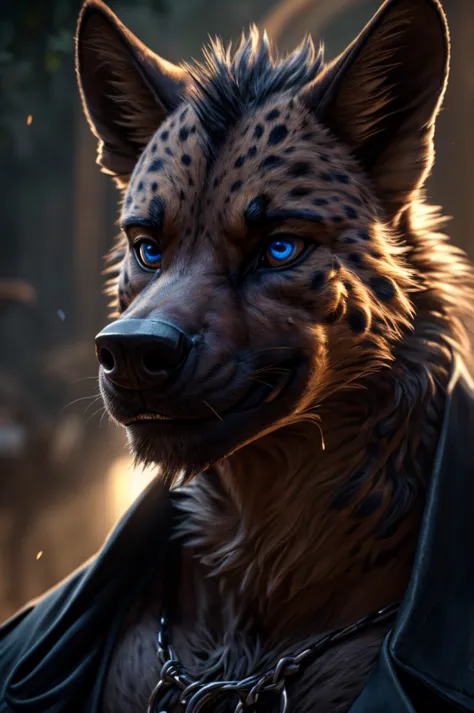 hyena man, closeup bust shot, extremely detailed face, beautiful detailed eyes, beautiful detailed lips, extremely detailed eyes...