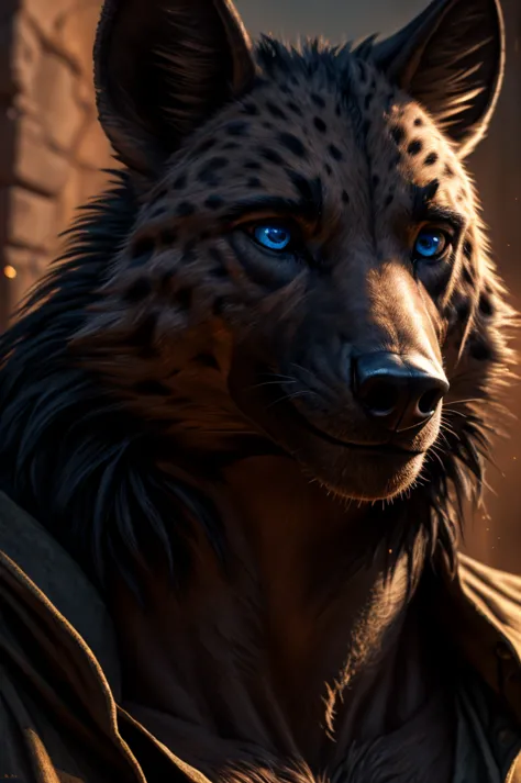 hyena man, closeup bust shot, extremely detailed face, beautiful detailed eyes, beautiful detailed lips, extremely detailed eyes...