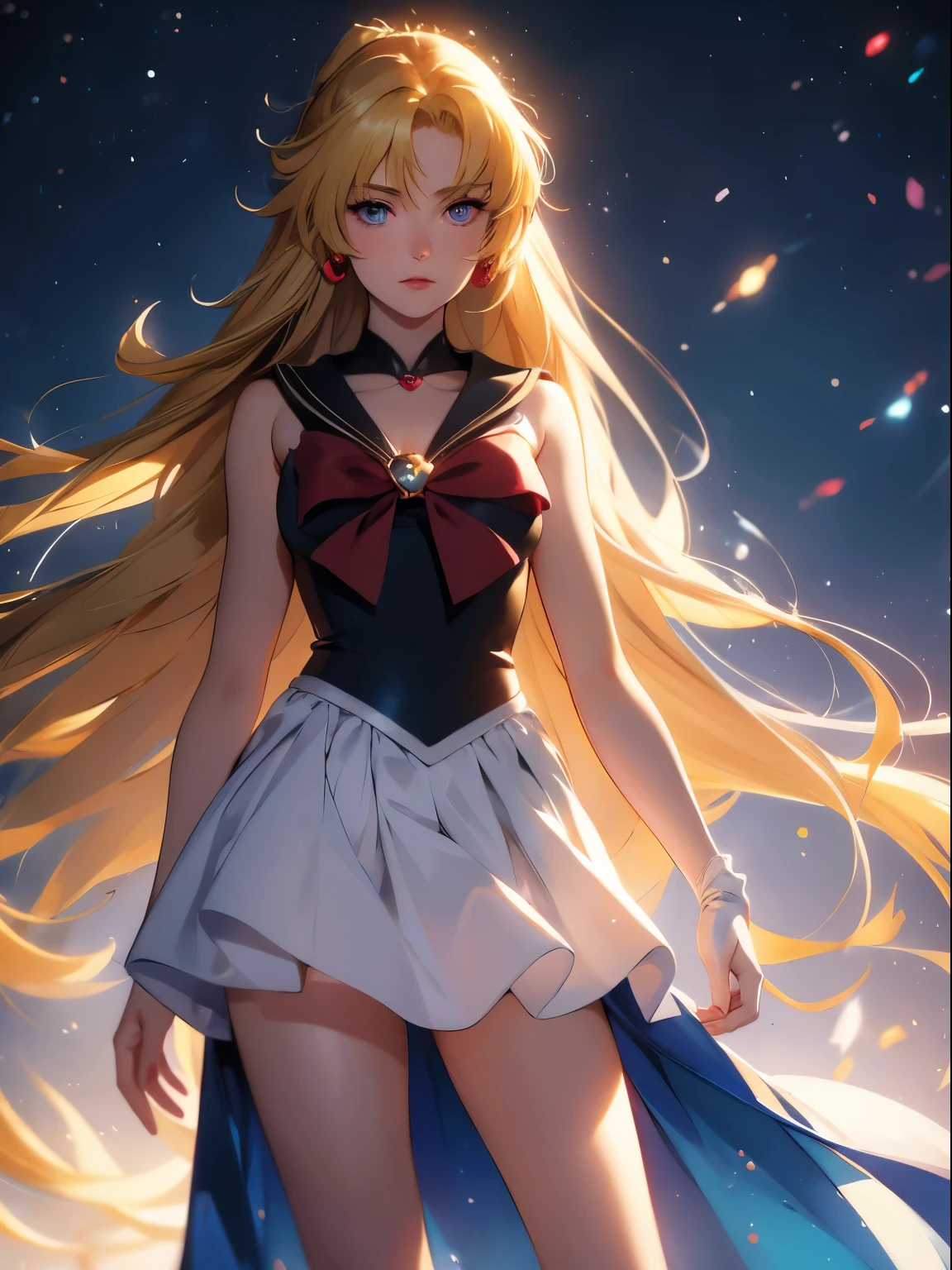 sailor pluto, 1 girl, blonde hair, long hair, blue eyes, detailed eyes, simple background, female focus, alone, Standing, Setsuna Meio, portrait, full body, (Masterpiece:1.0), (best quality:1.0) , (wallpaper 8k:1.0), (detailed beautiful face:1.0), (detailed deep eyes), deep eyes, looking at viewer, sailor scout, brown bow on chest, brown skirt, white gloves,