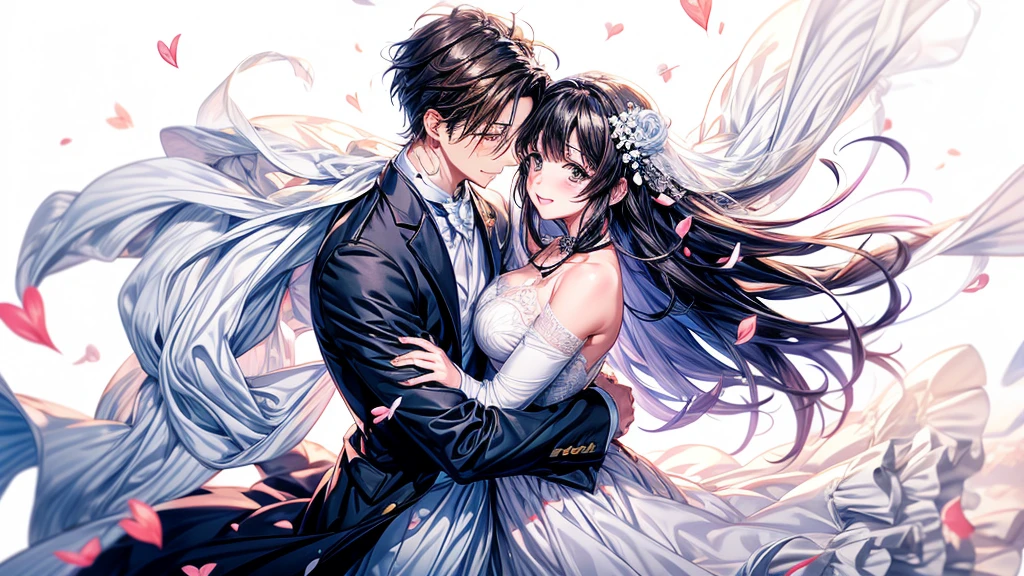 흰색 배경에 있는 웨딩 커플 사이의 감정적인 포옹을 애니메이션 스타일로 묘사한 것입니다., 사랑의 마음 상징, 작은 꽃이 피어있다