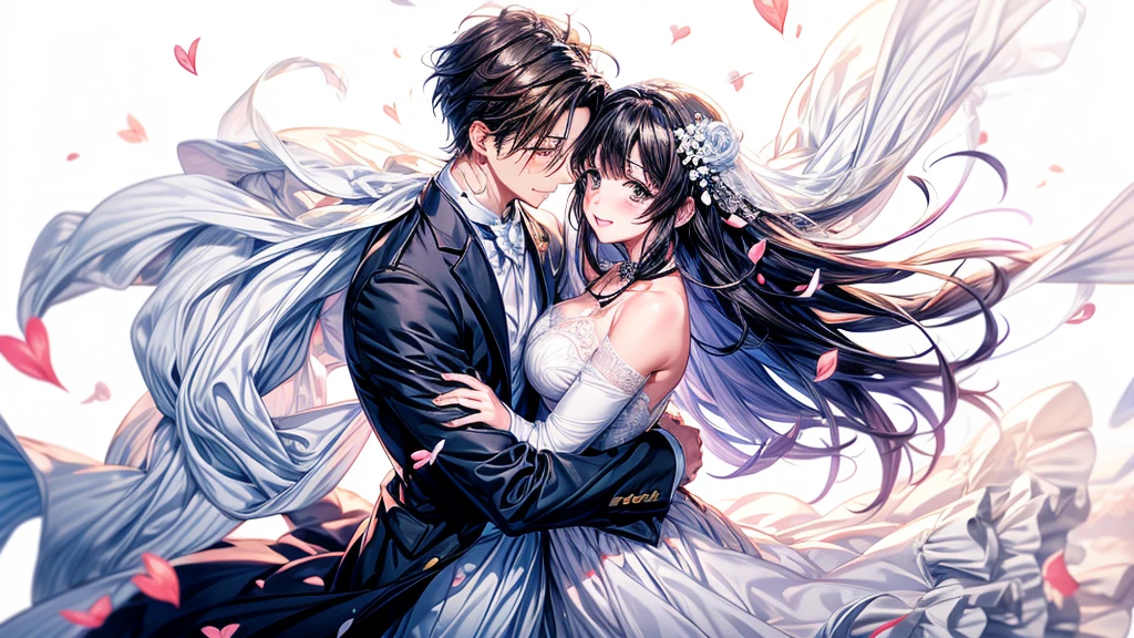 Représentation de style anime d&#39;un câlin émotionnel entre un couple de mariés sur fond blanc, Symbolisme du coeur d&#39;amour, petites fleurs en fleurs