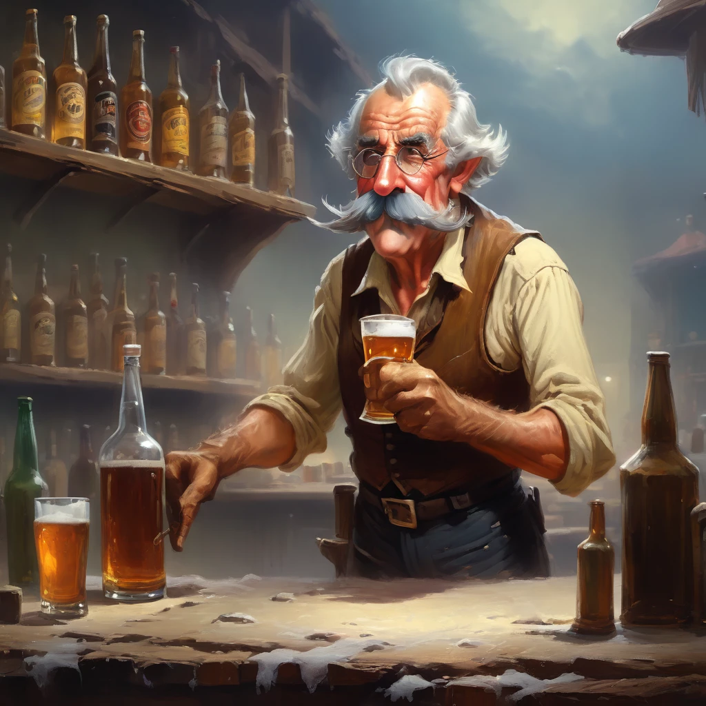 1man,Old West, Bartender, Beer, Whiskey, Liquor Shelf, Huge Mustache, Period Clothing, Old, slight, Skinny, Proboscis, big nose, tiny glasses, Grizzled, elderly, cleaning a mug of beer, 