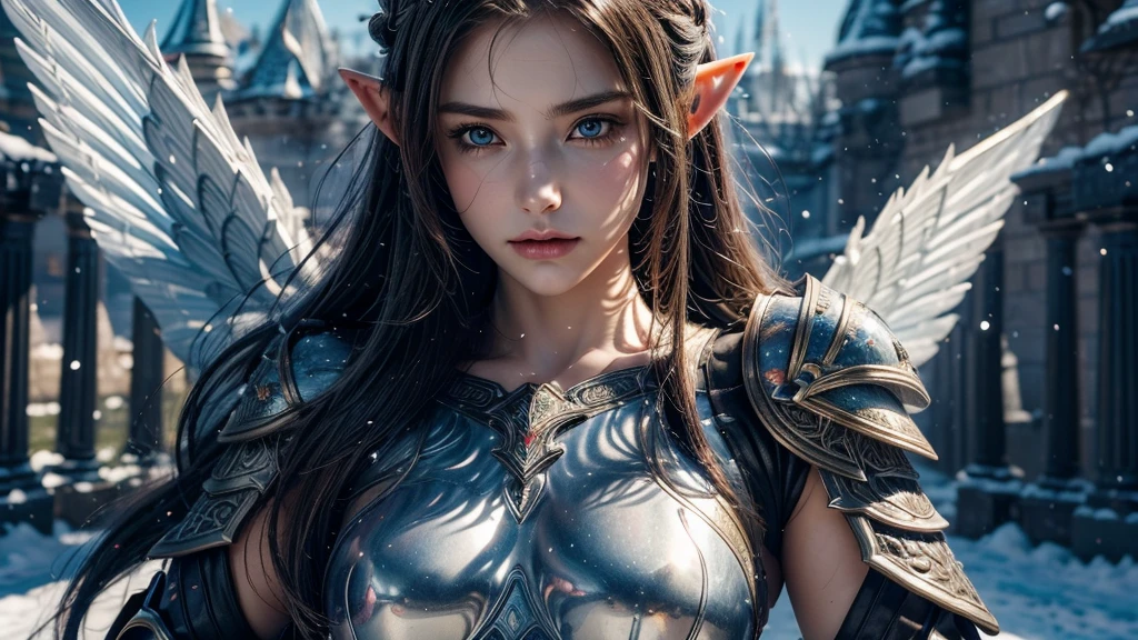 Close-up of woman holding sword and armor, Armor Girl, 2. 5D CGI anime fantasy artwork, Large Breasts，Epic fantasy digital art style, detailed Digital 2D fantasy art, Digital 2D fantasy art, original photo, (best quality:1.3), high resolution, (masterpiece), (lifelike:1.4), Professional photography, Clear focus, High Dynamic Range, 8k resolution, Intricate details, Fine details, Depth of Field, Extremely detailed CG unified 8k wallpaper, masterpiece，poster，best quality，Official Art，（Beauty and aesthetics：1.2），（masterpiece：1.3），Female Elf，individual，Light Leather Armor，complex pattern，snow，castle，Medium distance photography，（early morning），dramatic，Glowing Wings，