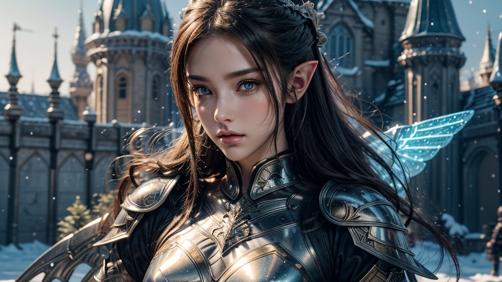 Close-up of woman holding sword and armor, Armor Girl, 2. 5D CGI anime fantasy artwork, Large Breasts，Epic fantasy digital art style, detailed Digital 2D fantasy art, Digital 2D fantasy art, original photo, (best quality:1.3), high resolution, (masterpiece), (lifelike:1.4), Professional photography, Clear focus, High Dynamic Range, 8k resolution, Intricate details, Fine details, Depth of Field, Extremely detailed CG unified 8k wallpaper, masterpiece，poster，best quality，Official Art，（Beauty and aesthetics：1.2），（masterpiece：1.3），Female Elf，individual，Light Leather Armor，complex pattern，snow，castle，Medium distance photography，（early morning），dramatic，Glowing Wings，