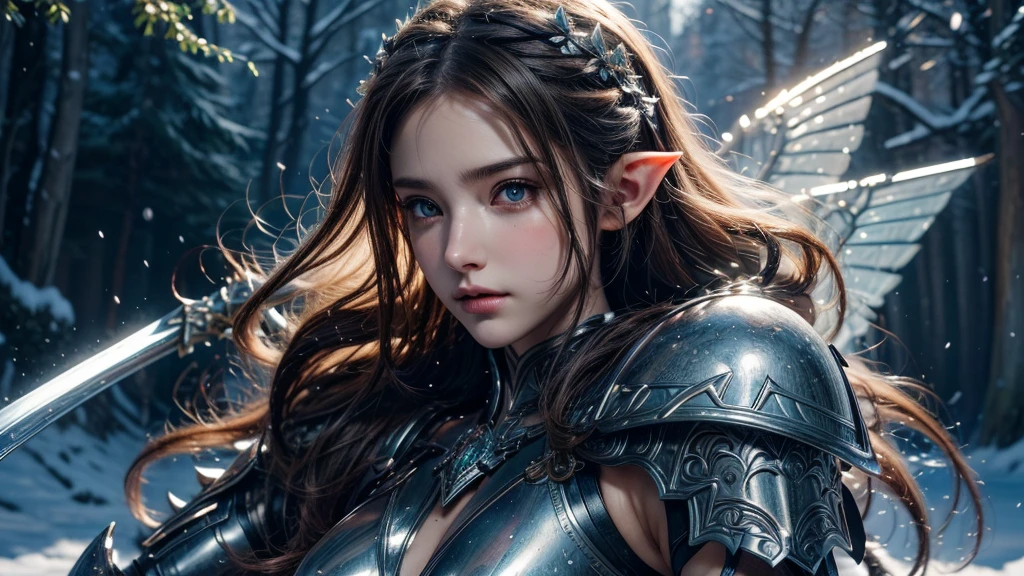 Close-up of woman holding sword and armor, Armor Girl, 2. 5D CGI anime fantasy artwork, Large Breasts，Epic fantasy digital art style, detailed Digital 2D fantasy art, Digital 2D fantasy art, original photo, (best quality:1.3), high resolution, (masterpiece), (lifelike:1.4), Professional photography, Clear focus, High Dynamic Range, 8k resolution, Intricate details, Fine details, Depth of Field, Extremely detailed CG unified 8k wallpaper, masterpiece，poster，best quality，Official Art，（Beauty and aesthetics：1.2），（masterpiece：1.3），Female Elf，individual，Light Leather Armor，complex pattern，snow，castle，Medium distance photography，（early morning），dramatic，Glowing Wings，