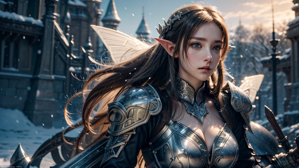 Close-up of woman holding sword and armor, Armor Girl, 2. 5D CGI anime fantasy artwork, Large Breasts，Epic fantasy digital art style, detailed Digital 2D fantasy art, Digital 2D fantasy art, original photo, (best quality:1.3), high resolution, (masterpiece), (lifelike:1.4), Professional photography, Clear focus, High Dynamic Range, 8k resolution, Intricate details, Fine details, Depth of Field, Extremely detailed CG unified 8k wallpaper, masterpiece，poster，best quality，Official Art，（Beauty and aesthetics：1.2），（masterpiece：1.3），Female Elf，individual，Light Leather Armor，complex pattern，snow，castle，Medium distance photography，（early morning），dramatic，Glowing Wings，