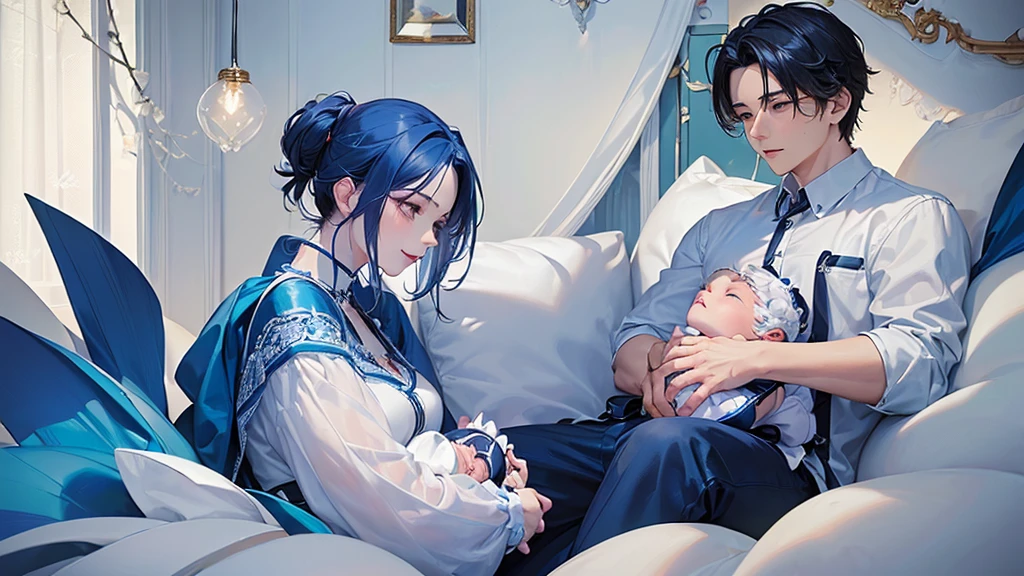 (((Single mother and son,My son is a newborn baby.)))、((Highest quality、Masterpiece、Official Art、The best dynamic composition))、They both have a mixture of blue and white hair.、She is happily stroking the baby&#39;s cheek.、Heartwarming、happiness、A sparkling world、Upper body close-up、