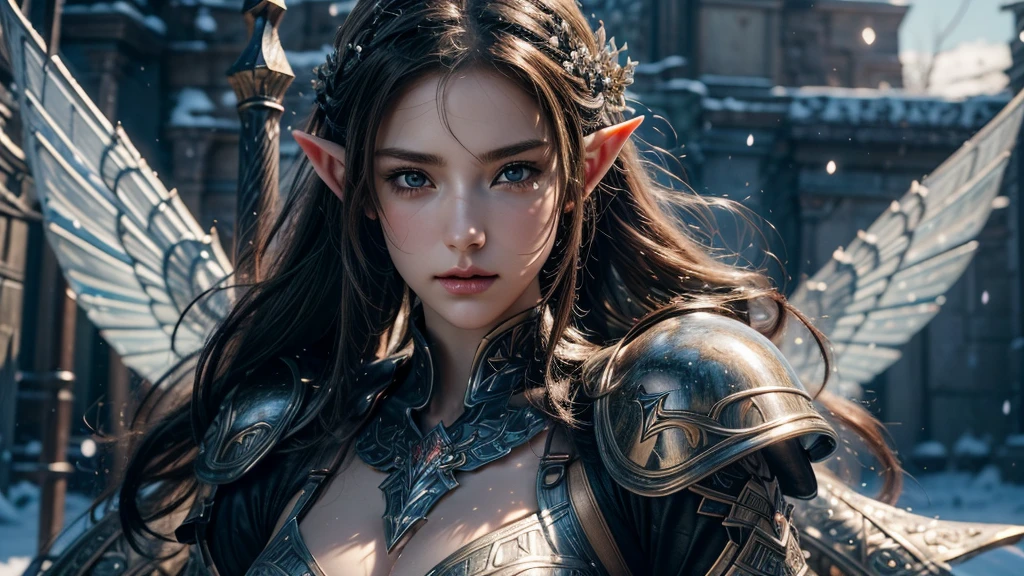 Close-up of woman holding sword and armor, Armor Girl, 2. 5D CGI anime fantasy artwork, Large Breasts，Epic fantasy digital art style, detailed Digital 2D fantasy art, Digital 2D fantasy art, original photo, (best quality:1.3), high resolution, (masterpiece), (lifelike:1.4), Professional photography, Clear focus, High Dynamic Range, 8k resolution, Intricate details, Fine details, Depth of Field, Extremely detailed CG unified 8k wallpaper, masterpiece，poster，best quality，Official Art，（Beauty and aesthetics：1.2），（masterpiece：1.3），Female Elf，individual，Light Leather Armor，complex pattern，snow，castle，Medium distance photography，（early morning），dramatic，Glowing Wings，