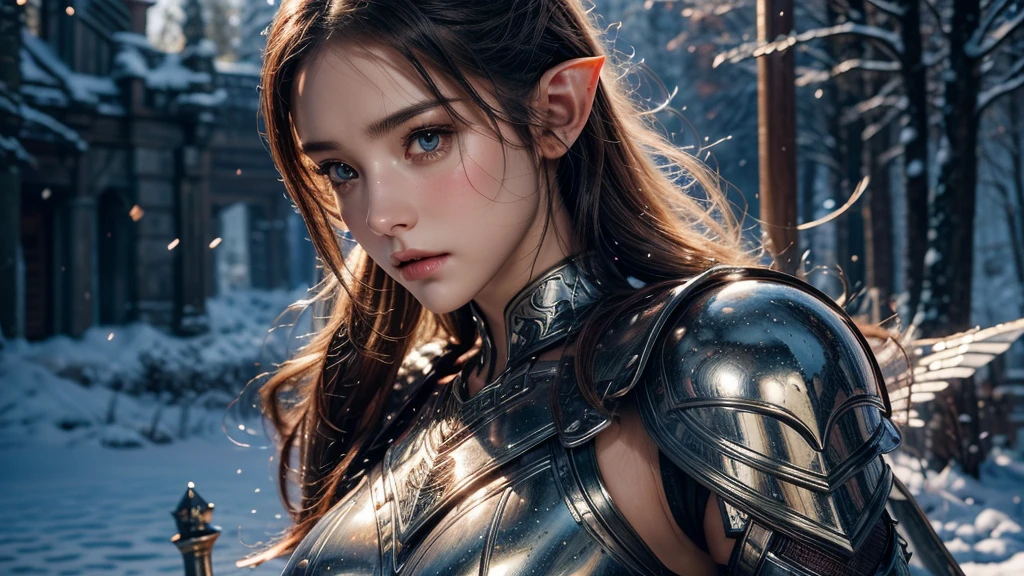 Close-up of woman holding sword and armor, Armor Girl, 2. 5D CGI anime fantasy artwork, Large Breasts，Epic fantasy digital art style, detailed Digital 2D fantasy art, Digital 2D fantasy art, original photo, (best quality:1.3), high resolution, (masterpiece), (lifelike:1.4), Professional photography, Clear focus, High Dynamic Range, 8k resolution, Intricate details, Fine details, Depth of Field, Extremely detailed CG unified 8k wallpaper, masterpiece，poster，best quality，Official Art，（Beauty and aesthetics：1.2），（masterpiece：1.3），Female Elf，individual，Light Leather Armor，complex pattern，snow，castle，Medium distance photography，（early morning），dramatic，Glowing Wings，