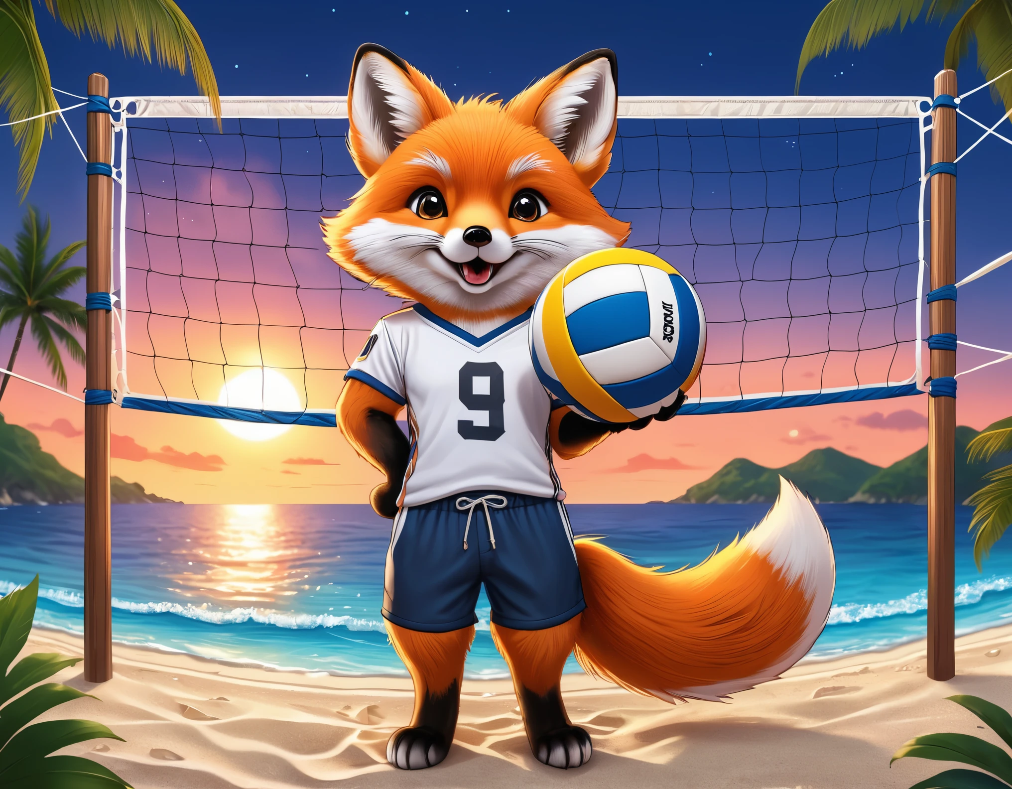 (Close-up of cute fox catches volleyball ball above volleyball net:1.2), (sport T-shirt and trousers:1.2), tropical beach with ((palms and gentle waves)), (beautiful twilight sea:1.2), setting sun, intricate design, bright colors, masterpiece in maximum 16K resolution, best quality, ultra detailed, aesthetics, absurdes.
