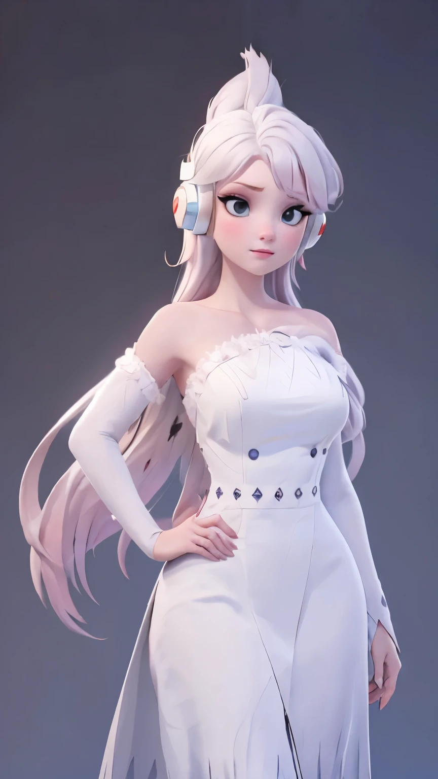 (1 girl, Alone, Masterpiece, 4k, Best Quality:1.2, (cowboy shot), Best Quality:1.2, good hands, showy, (perfect hands, perfect anatomy)), 
utaop, headphones,blush, White dress, fur over one, red and white hair, multicolor fur, High average, 
((medium breasts, big hips, looking at the viewer)), 
((simple background, White background)), 