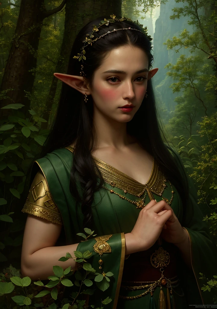 (masterpiece, best quality:1.2), (((oil paint))), 1girl, solo,  (masterpiece, ultra quality, high resolution, 8k, intricate: 1.2). female elf, looking at viewer, flowizng cloths and silver amor, the silent forested, mysterious, fantasy art, Donato Giancola, craig mullins, parth, masterful strokes legendary