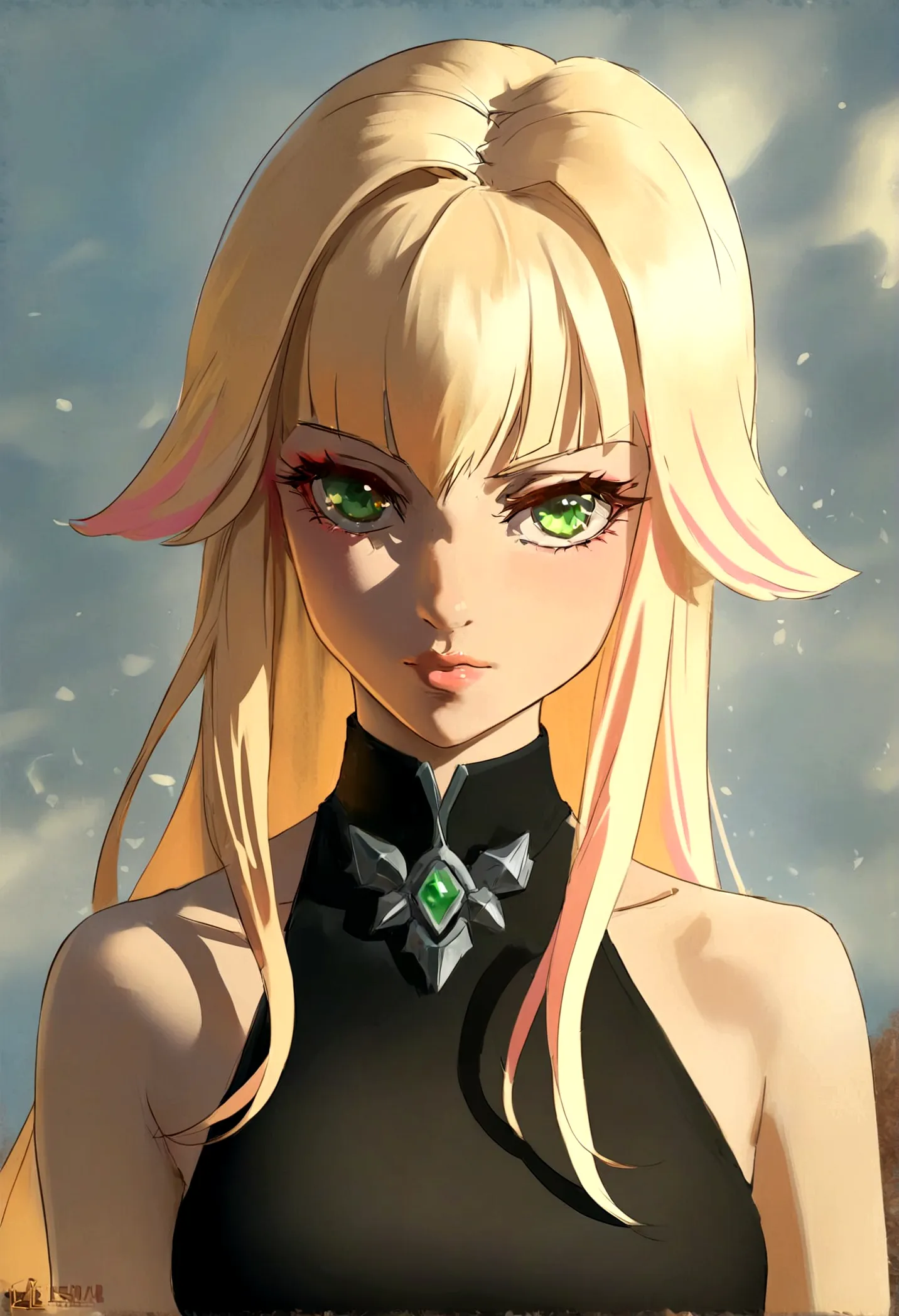 woman blonde hair green eyes and pink batm and a black top, realistic art style, rossdraws portrait, artgerm portrait, anime rea...