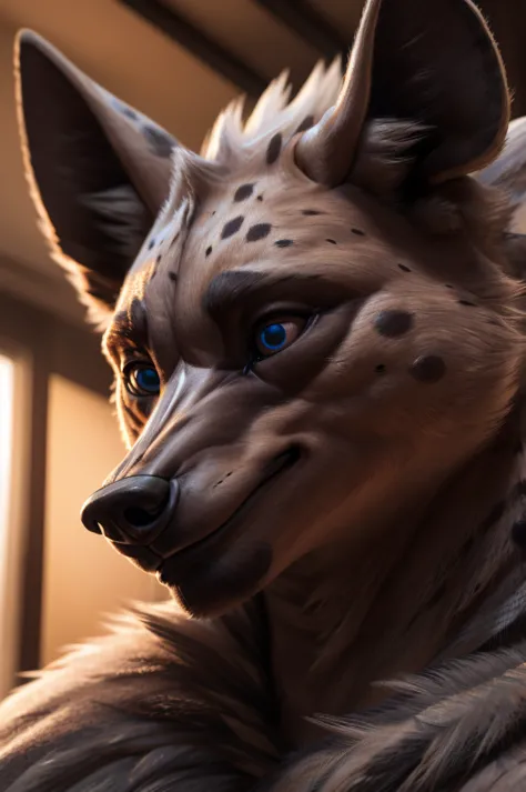 hyena man, bust shot, extremely detailed face, beautiful detailed eyes, beautiful detailed lips, extremely detailed eyes and fac...