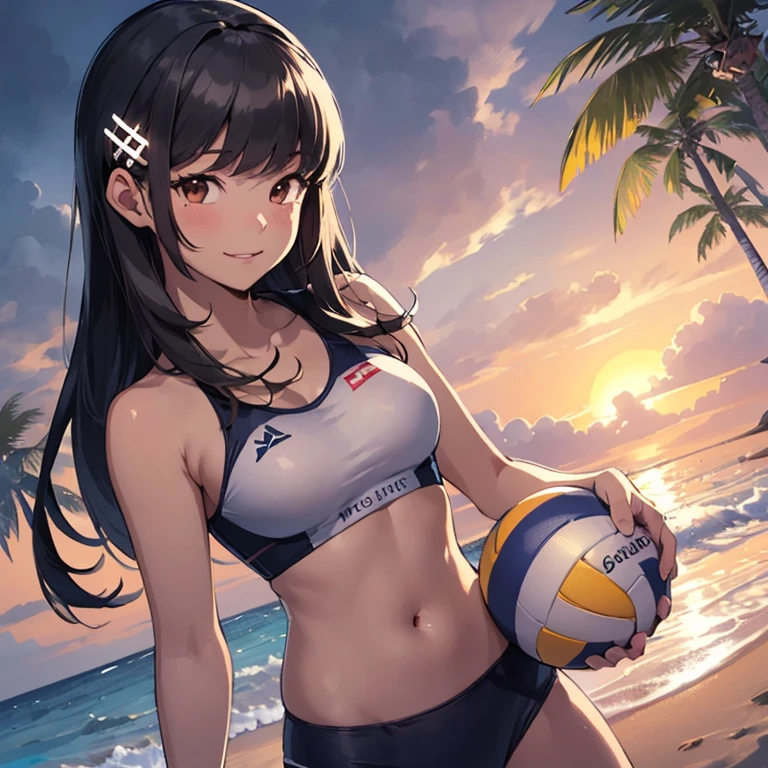 hayashio,hairclip,(masterpiece:1.4),(best quality:1.4), (amazing), (great illustration:1.4), (ultra-detailed:1.4), (art CG, 8K),beach volleyball wear,1girl,solo,play beach volleybal,in the sunset beach,small breasts,