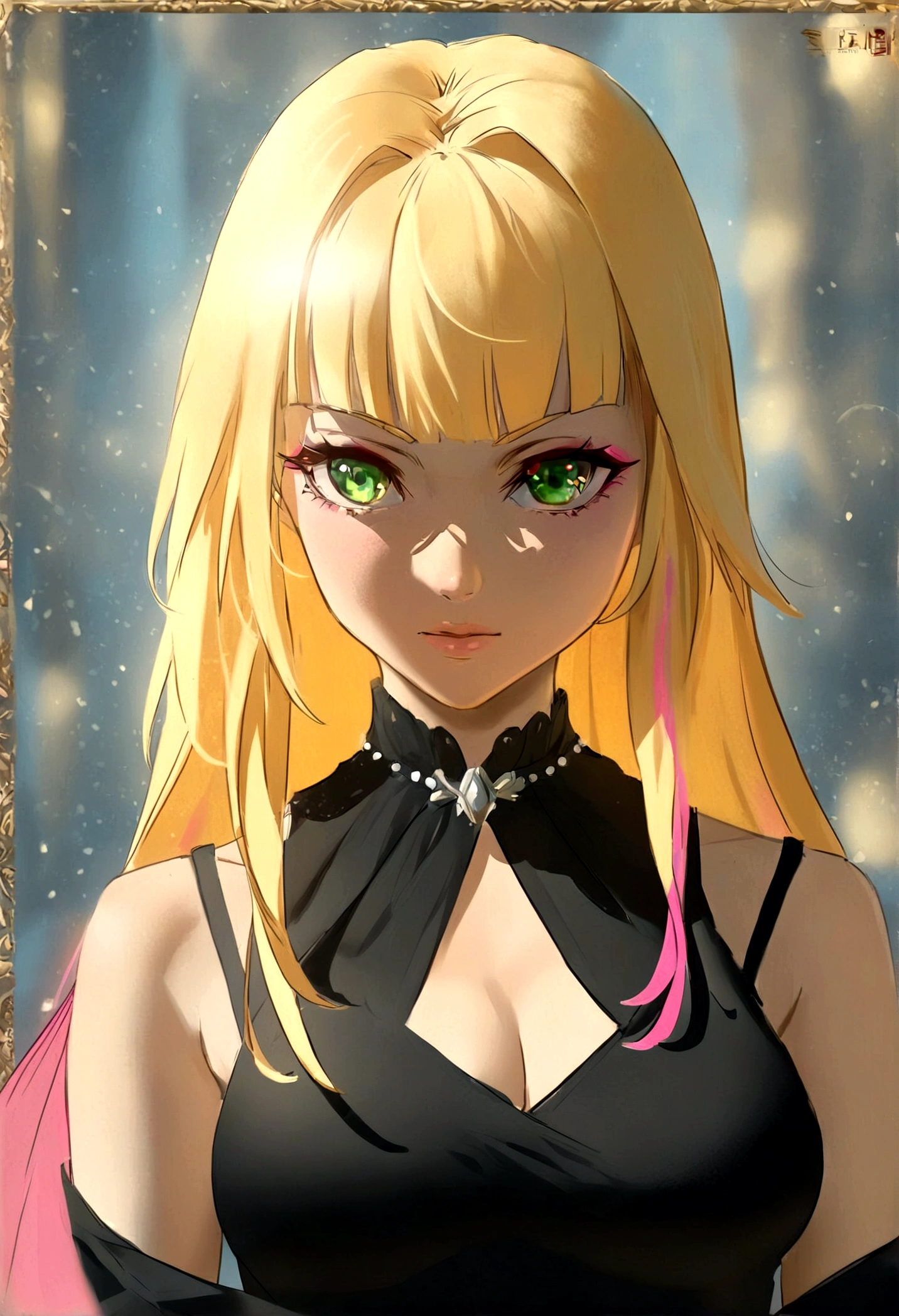 woman blonde hair green eyes and pink batm and a black top, realistic art style, RossDraws portrait, Artgerm portrait, Anime realistic artstyle, 4K realistic digital art, 4K realistic digital art, 8K Artgerm Bokeh, DeviantArt Artstation CGScosiety, ArtGerm extremely detailed, made with anime painter studio, RossDraw digital painting