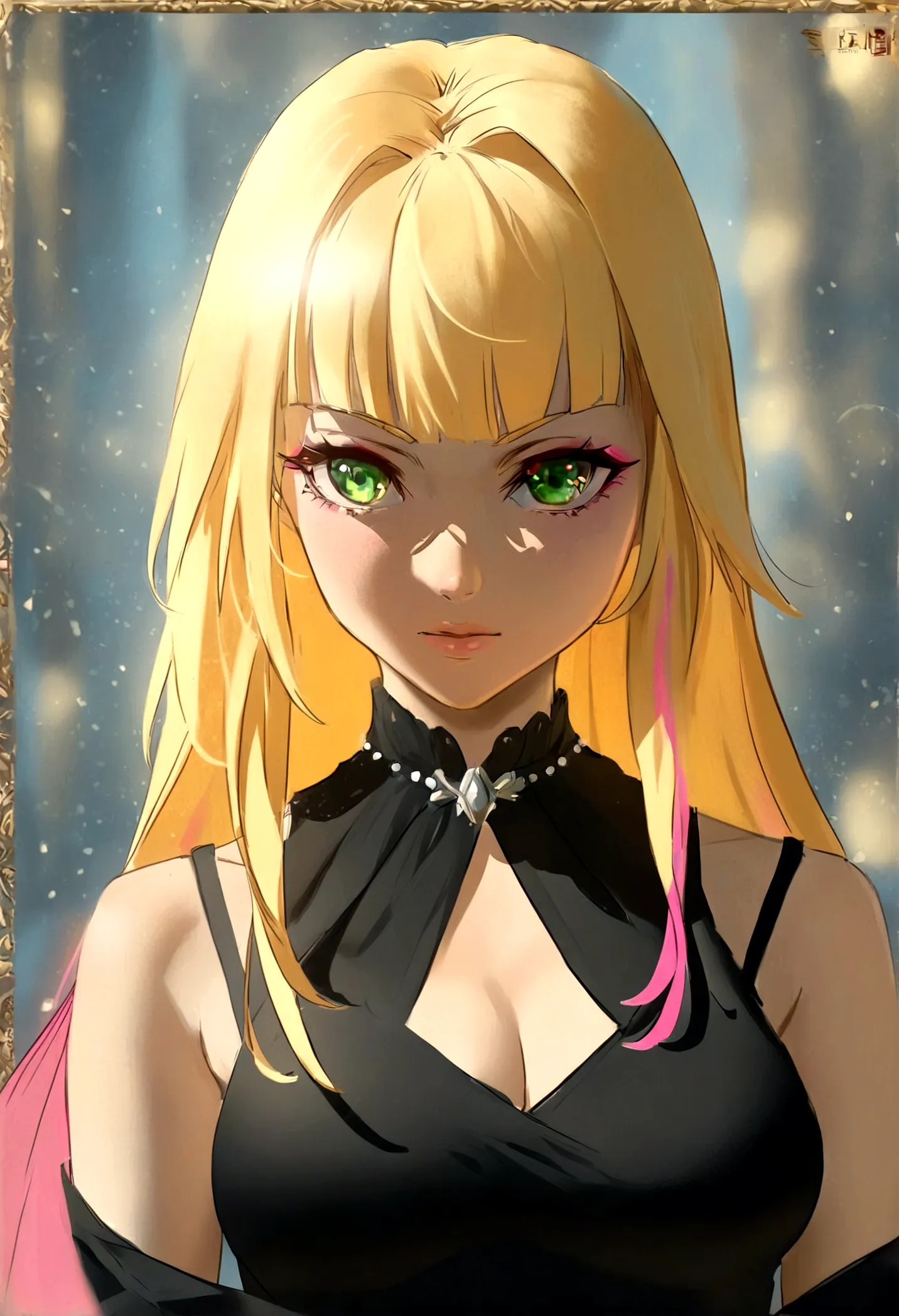 woman blonde hair green eyes and pink batm and a black top, realistic art style, rossdraws portrait, artgerm portrait, anime rea...