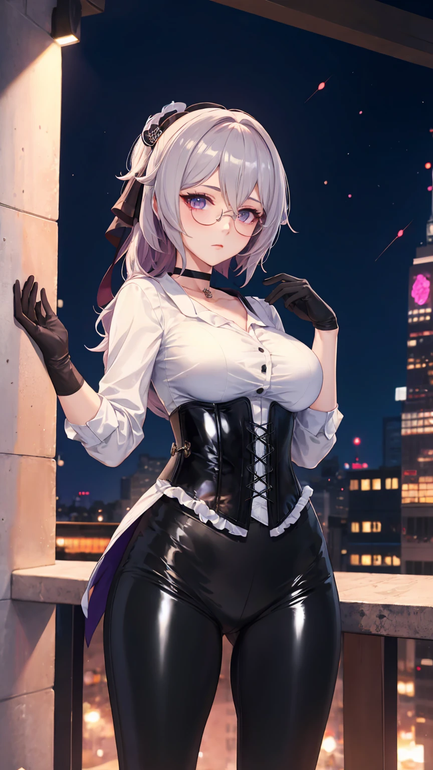 Masterpiece, Beautiful art, professional artist, 8k, detailed body, Very detailed face, very detailed eyes, Detailed clothing, detailed fabric, Best Quality, better resolution, 1 girl, bronya zaychik \(Honkai Impact 3rd\), front view, standing, big breasts, serious expression, At night , silver hair, glasses, choker:1.6, (white collar button down long sleeve shirt), (shiny black corset), black gloves that cover your hands, (shiny black leggings), looking at the viewer, elegant room, At night