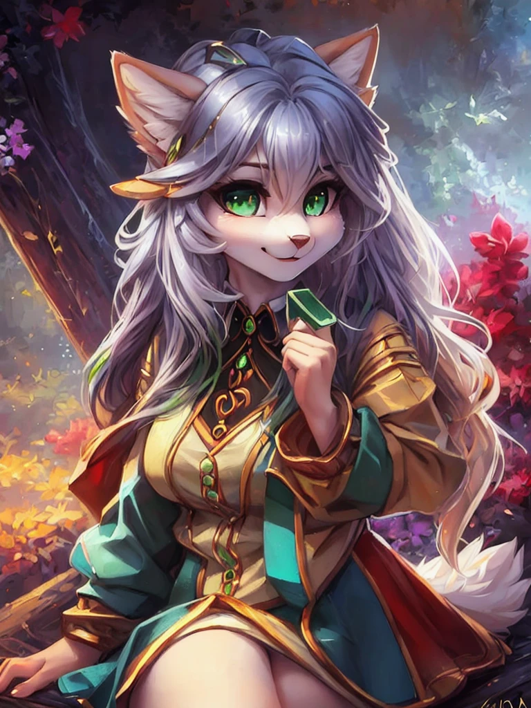 A beautiful and detailed (sweet portrait) wa, Star Fox, sslim, lovable, green eyes, medium breasts, (((Long hair 1.3))), Decollete, anthro, furry, Uploaded E621, detailed fluffy fur, (wa Fluff-Kevlar, Bayard Wu, personalize me, Pino Daeni), detailed face, (fluffy), 1 girl,  alone, 