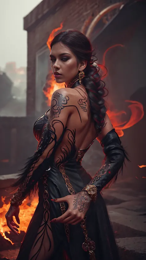 4k realistic ultra detailed photography of an athletic demonic woman, demonic woman wearing a maxi leather dress, hairstyle is a...