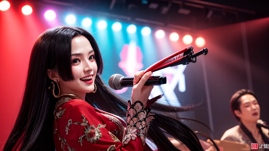 masterpiece, best quality, extremely detailed, hyperrealistic, photorealistic, a beautiful 20s chinese model, ultra detailed face:1.2, black hair, red dress, singing on live stage:1.2, stage lighting, rock band, perfect hands, perfect finger, smiling