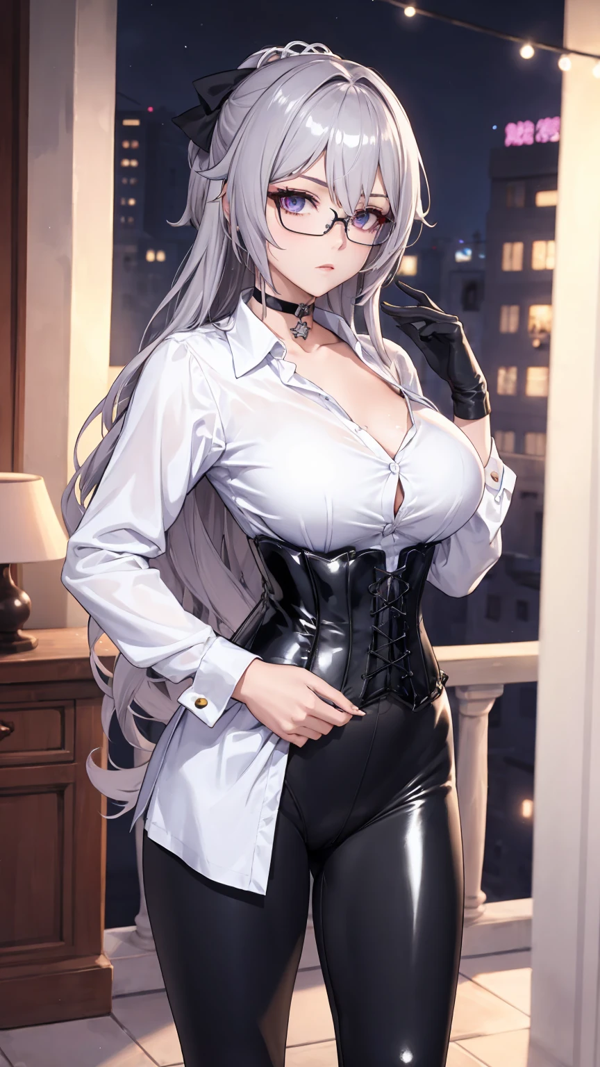 Masterpiece, Beautiful art, professional artist, 8k, detailed body, Very detailed face, very detailed eyes, Detailed clothing, detailed fabric, Best Quality, better resolution, 1 girl, bronya zaychik \(Honkai Impact 3rd\), front view, standing, big breasts, serious expression, At night , long silver hair, glasses, choker:1.6, (white collar button down long sleeve shirt), (shiny black corset), black gloves that cover your hands, (shiny black leggings), looking at the viewer, elegant room, At night